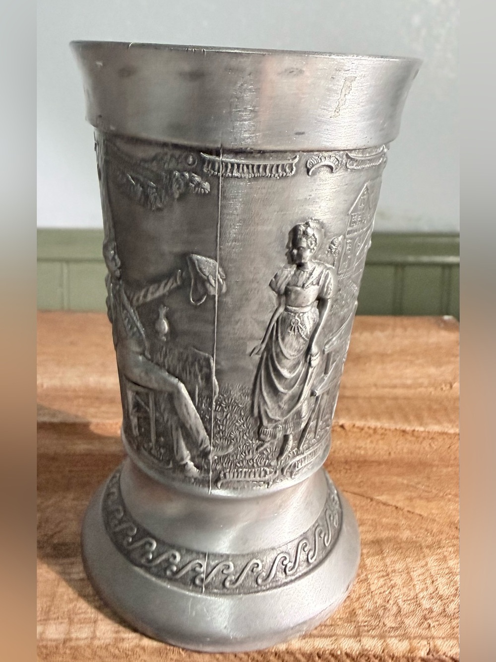 Vintage German Pewter Courtship Beaker Zinn Becher Embossed Cups 3 3/4” Tall